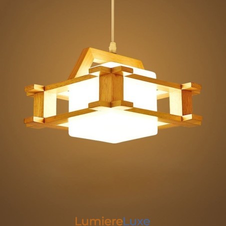 Lampe suspendue en chêne de style nordique avec abat-jour en verre dépoli Café Lampe suspendue en chêne de style nordique avec abat-jour en verre dépoli Café
