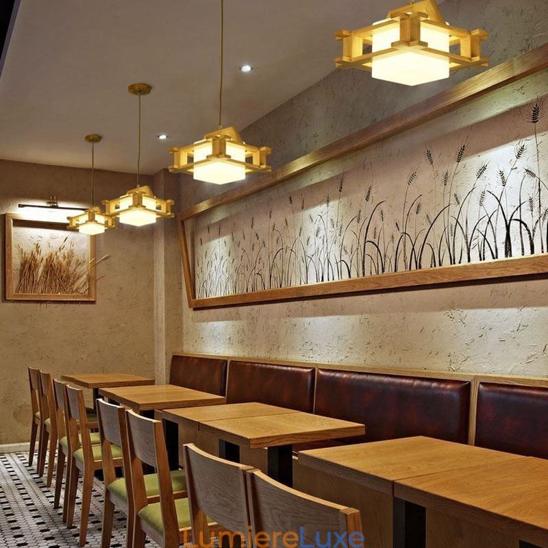 Lampe suspendue en chêne de style nordique avec abat-jour en verre dépoli Café