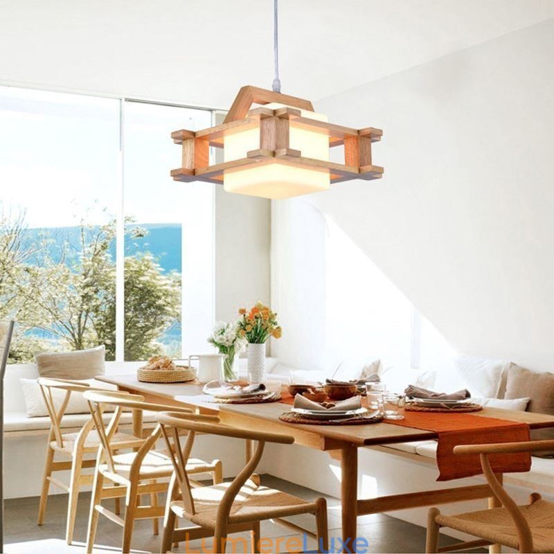 Lampe suspendue en chêne de style nordique avec abat-jour en verre dépoli Café