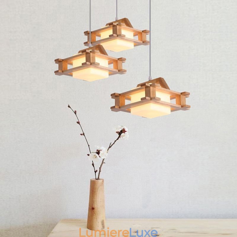 Lampe suspendue en chêne de style nordique avec abat-jour en verre dépoli Café