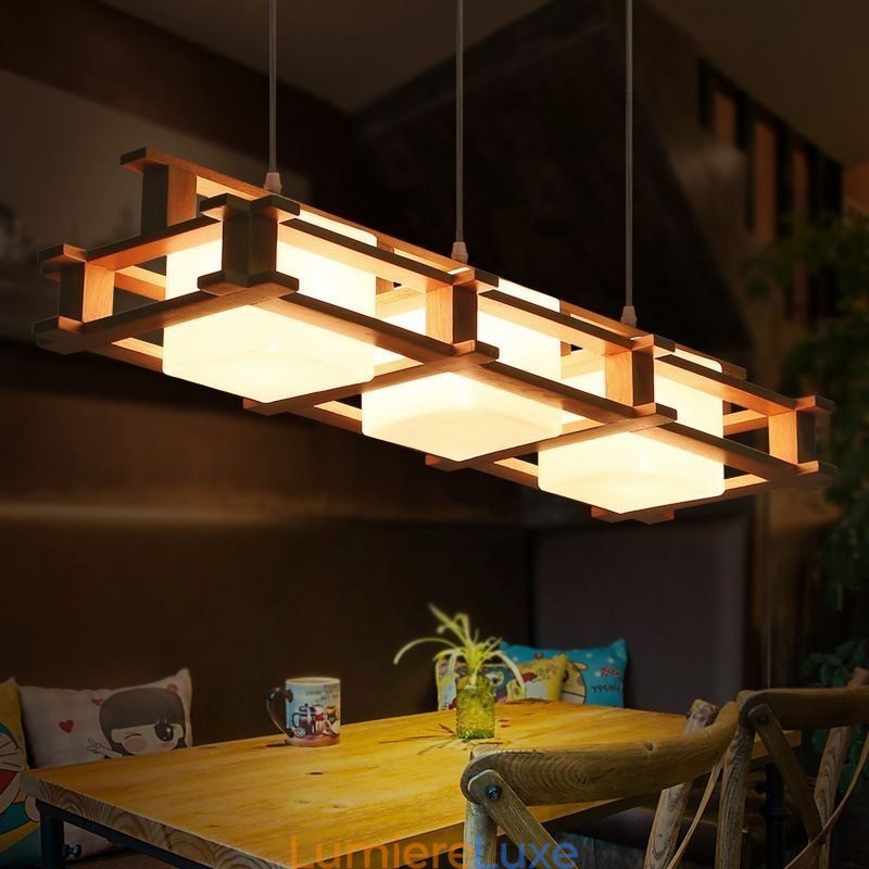 Lampe suspendue créative à 3 lumières en chêne, plafonnier décoratif en bois pour café