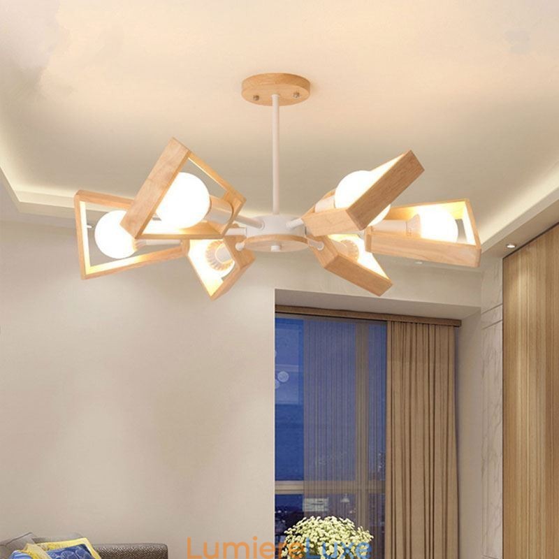 Lustre moderne en forme d'éventail, élégant luminaire suspendu en bois