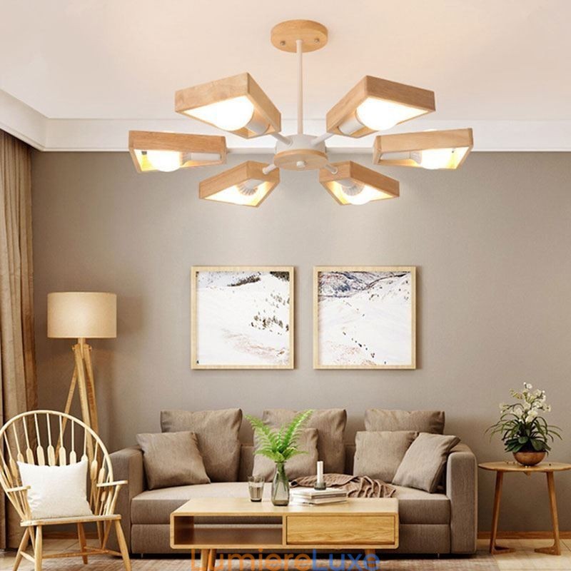 Lustre moderne en forme d'éventail, élégant luminaire suspendu en bois
