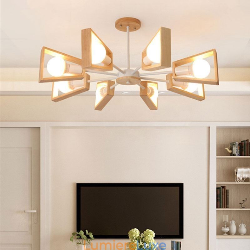 Lustre moderne en forme d'éventail, élégant luminaire suspendu en bois