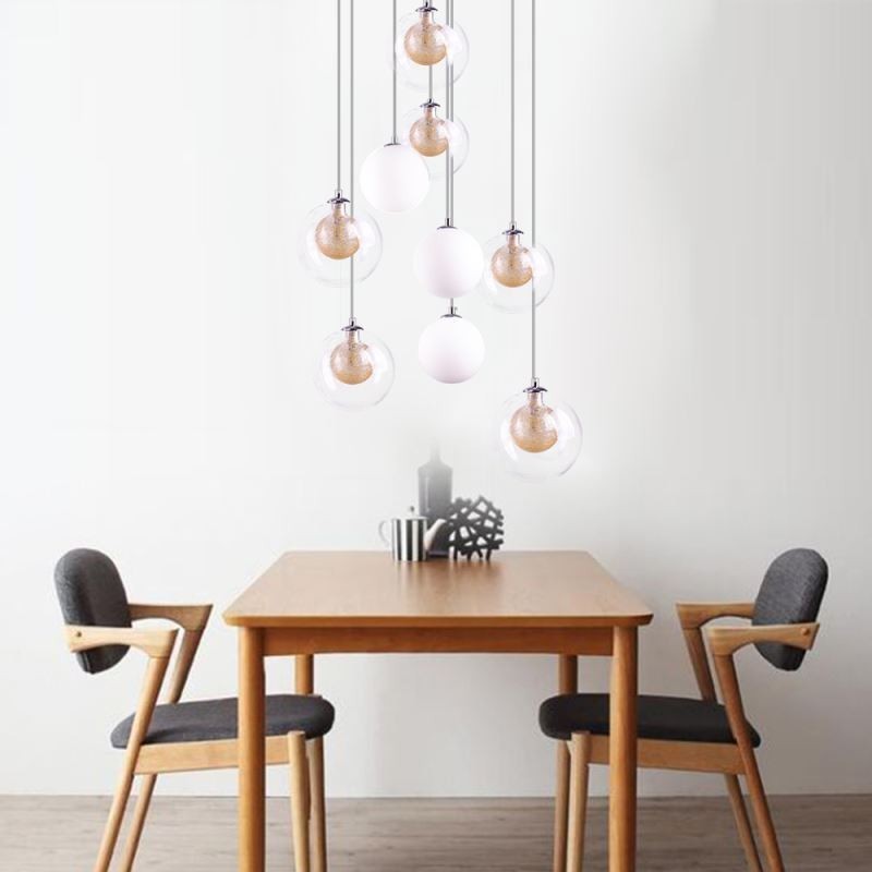 Suspension en verre avec boule en nickel doré brossé et verre laiteux
