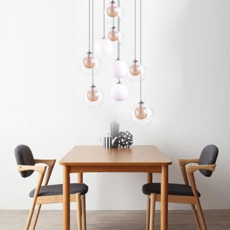 Suspension en verre avec boule en nickel doré brossé et verre laiteux Suspension en verre avec boule en nickel doré brossé et verre laiteux