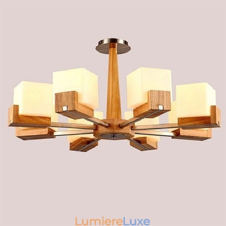 Lustre suspendu nordique en bois et abat-jour en verre Lustre suspendu nordique en bois et abat-jour en verre