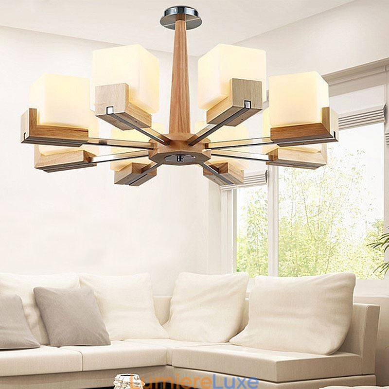 Lustre suspendu nordique en bois et abat-jour en verre