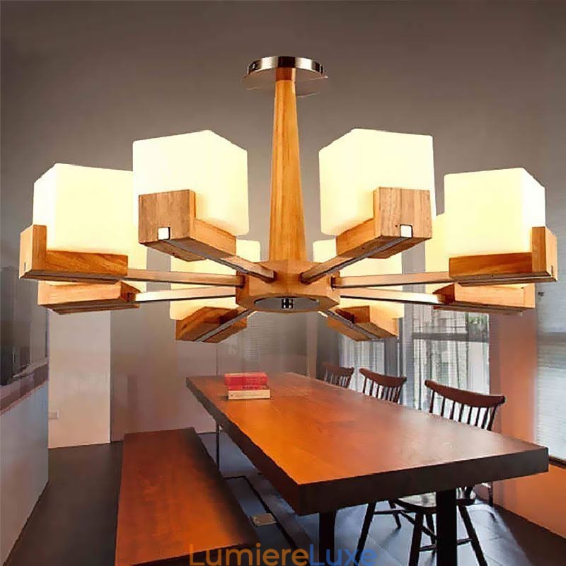 Lustre suspendu nordique en bois et abat-jour en verre