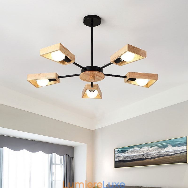 Lustre moderne en forme d'éventail, élégant luminaire suspendu en bois