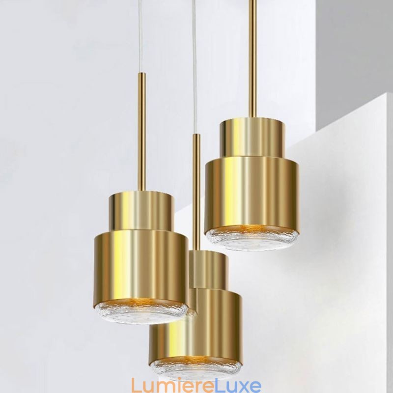 Suspension en verre postmoderne, lampe cylindrique dorée, éclairage lumineux