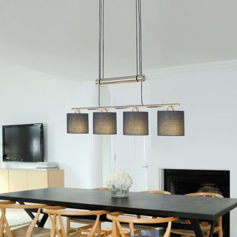 Suspension moderne à 4 lumières avec abat-jour en tissu et hauteur réglable