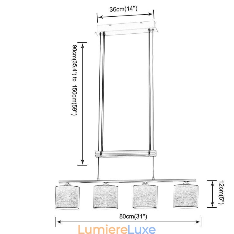 Suspension moderne à 4 lumières avec abat-jour en tissu et hauteur réglable