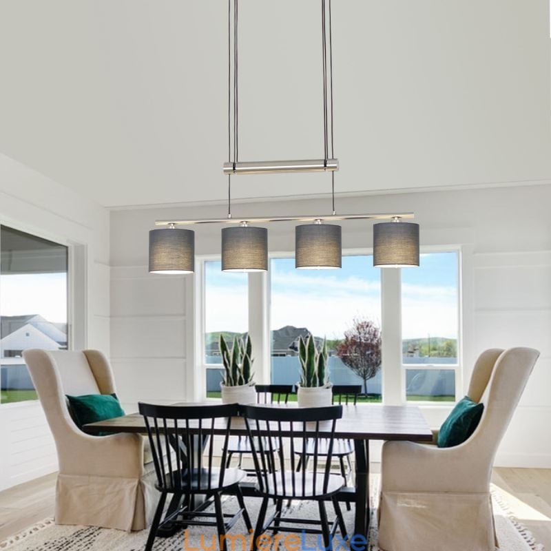 Suspension moderne à 4 lumières avec abat-jour en tissu et hauteur réglable