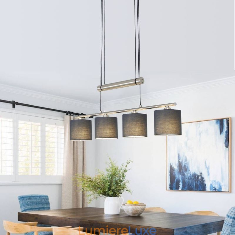 Suspension moderne à 4 lumières avec abat-jour en tissu et hauteur réglable