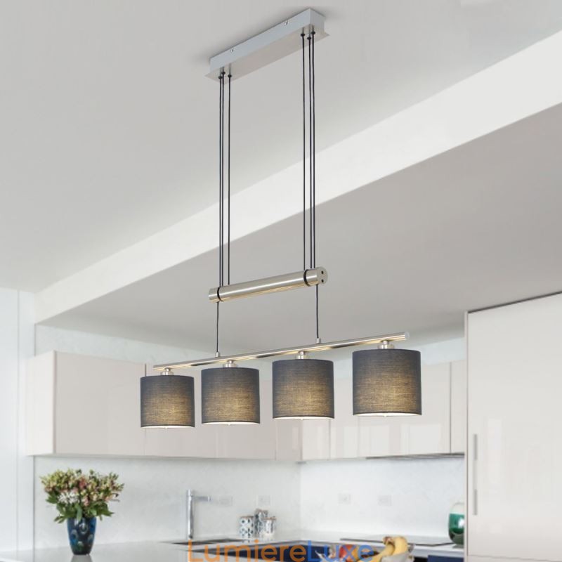 Suspension moderne à 4 lumières avec abat-jour en tissu et hauteur réglable