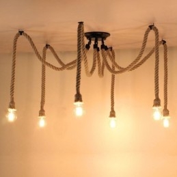 Lustre suspendu style rétro à 6 ou 10 têtes en corde de chanvre, plafonnier vintage