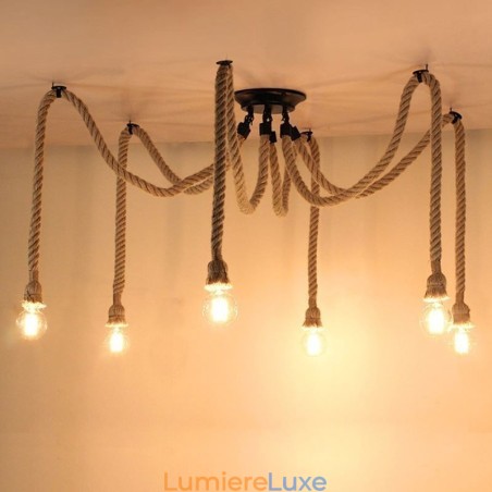 Lustre suspendu style rétro à 6 ou 10 têtes en corde de chanvre, plafonnier vintage Lustre suspendu style rétro à 6 ou 10 têtes en corde de chanvre, plafonnier vintage