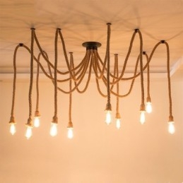 Lustre suspendu style rétro à 6 ou 10 têtes en corde de chanvre, plafonnier vintage