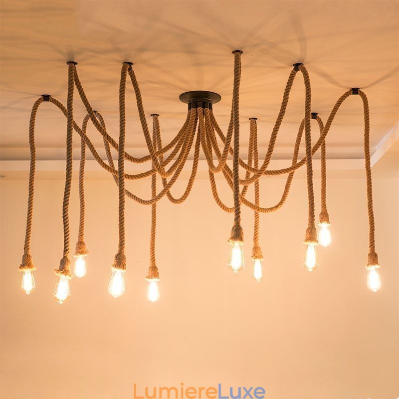 Lustre suspendu style rétro à 6 ou 10 têtes en corde de chanvre, plafonnier vintage