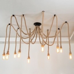 Lustre suspendu style rétro à 6 ou 10 têtes en corde de chanvre, plafonnier vintage
