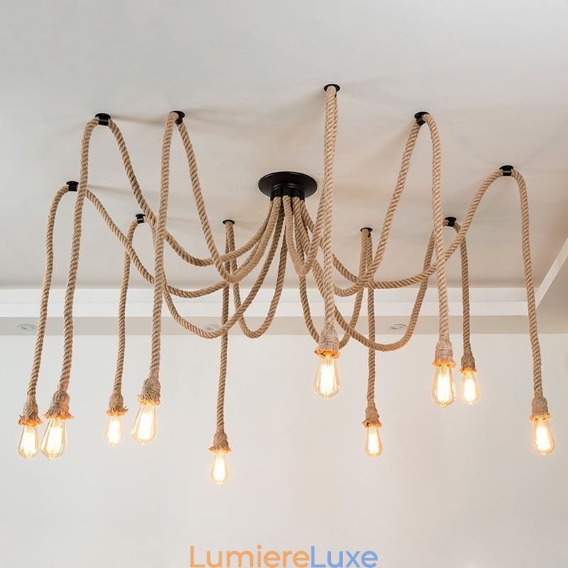 Lustre suspendu style rétro à 6 ou 10 têtes en corde de chanvre, plafonnier vintage