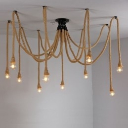 Lustre suspendu style rétro à 6 ou 10 têtes en corde de chanvre, plafonnier vintage