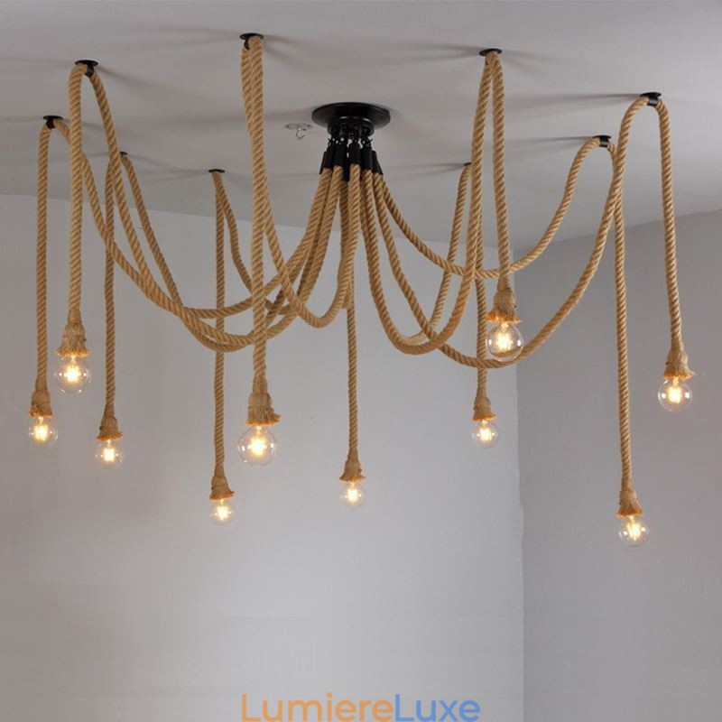 Lustre suspendu style rétro à 6 ou 10 têtes en corde de chanvre, plafonnier vintage