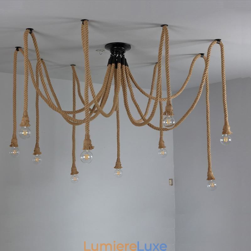 Lustre suspendu style rétro à 6 ou 10 têtes en corde de chanvre, plafonnier vintage
