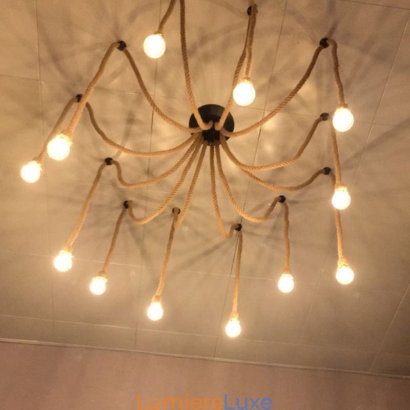 Lustre suspendu style rétro à 6 ou 10 têtes en corde de chanvre, plafonnier vintage