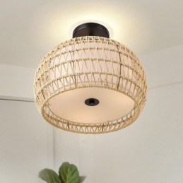 Abat-jour rond en corde de papier et tissu, montage encastré, 3 lumières, 32 cm