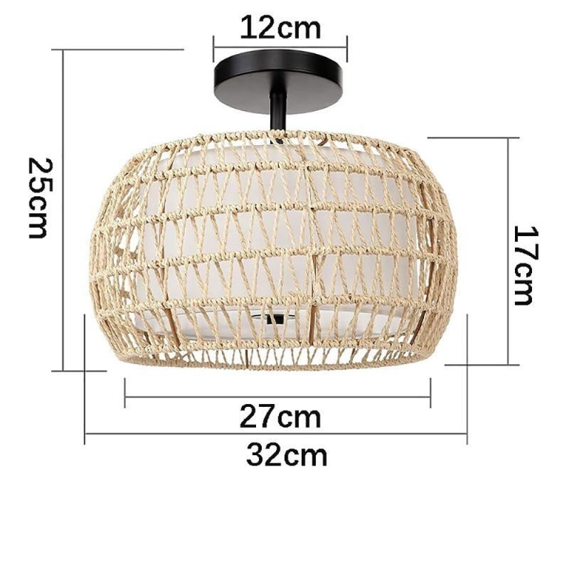 Abat-jour rond en corde de papier et tissu, montage encastré, 3 lumières, 32 cm