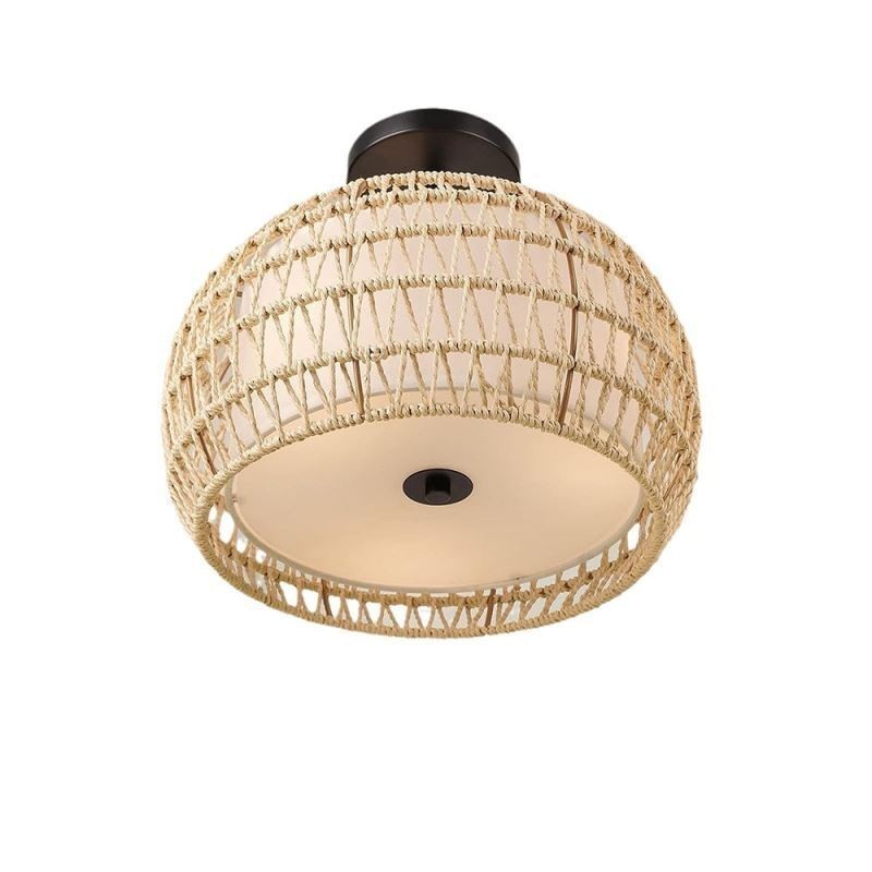 Abat-jour rond en corde de papier et tissu, montage encastré, 3 lumières, 32 cm