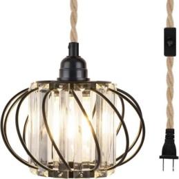 Plafonnier rétro country en corde de chanvre et fer, lampe de chevet avec prise
