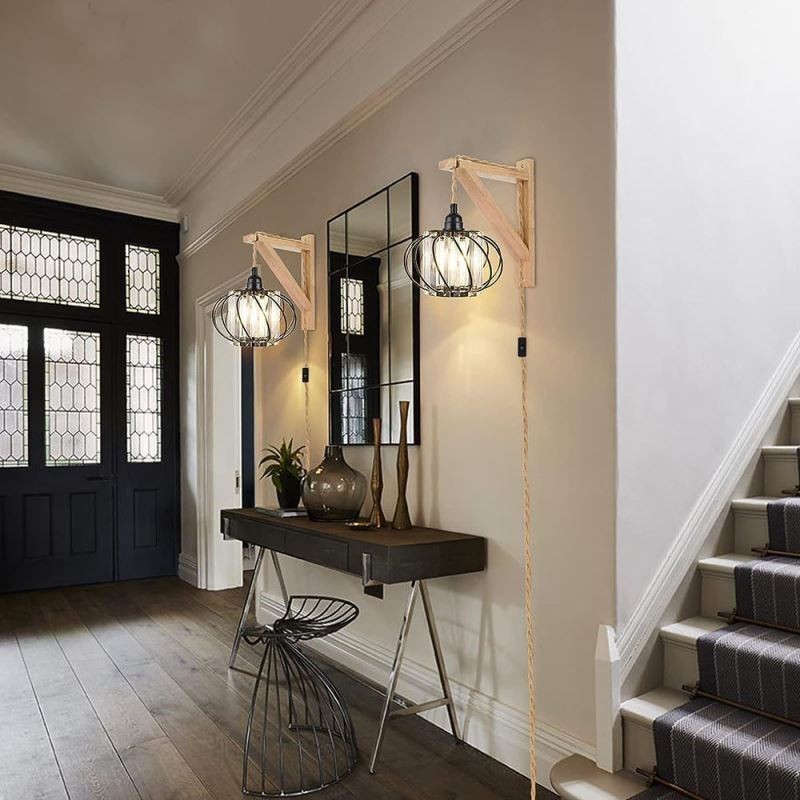 Plafonnier rétro country en corde de chanvre et fer, lampe de chevet avec prise