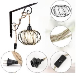 Plafonnier rétro country en corde de chanvre et fer, lampe de chevet avec prise