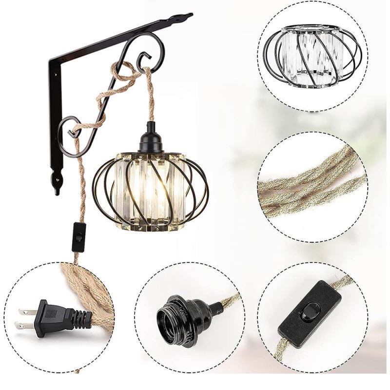 Plafonnier rétro country en corde de chanvre et fer, lampe de chevet avec prise