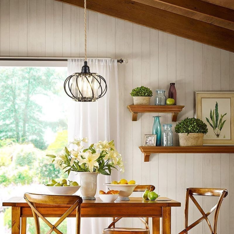 Plafonnier rétro country en corde de chanvre et fer, lampe de chevet avec prise