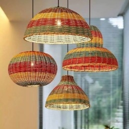 Suspension en bambou et rotin, abat-jour tissé à la main à rayures colorées, plafonnier