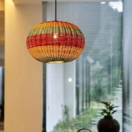 Suspension en bambou et rotin, abat-jour tissé à la main à rayures colorées, plafonnier