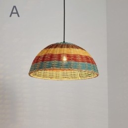 Suspension en bambou et rotin, abat-jour tissé à la main à rayures colorées, plafonnier