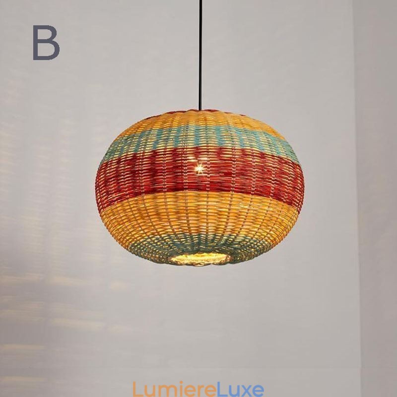 Suspension en bambou et rotin, abat-jour tissé à la main à rayures colorées, plafonnier