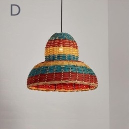 Suspension en bambou et rotin, abat-jour tissé à la main à rayures colorées, plafonnier