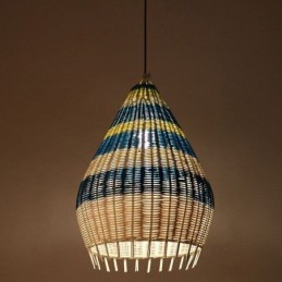 Suspension en bambou et rotin, abat-jour tissé à la main à intervalles rayés, plafonnier