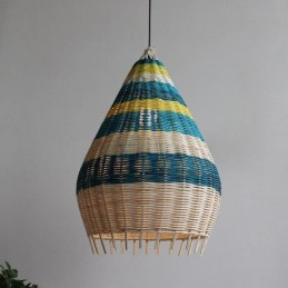 Suspension en bambou et rotin, abat-jour tissé à la main à intervalles rayés, plafonnier