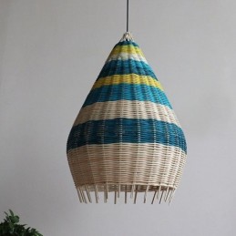 Suspension en bambou et rotin, abat-jour tissé à la main à intervalles rayés, plafonnier