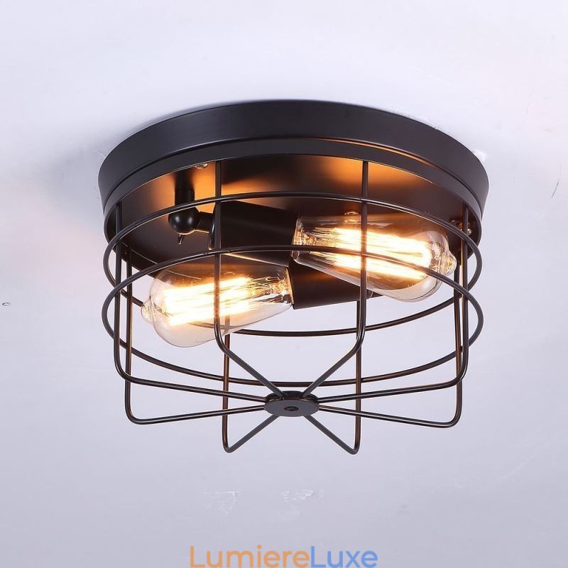 Plafonnier industriel en métal à cage, luminaire encastré rustique