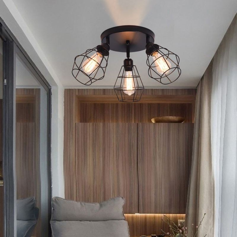 Plafonnier industriel encastré à 3 lampes avec cage métallique