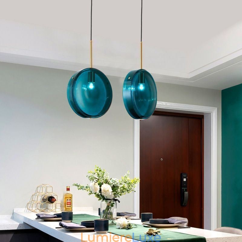 Suspension ronde en verre et fer forgé, design minimaliste et moderne