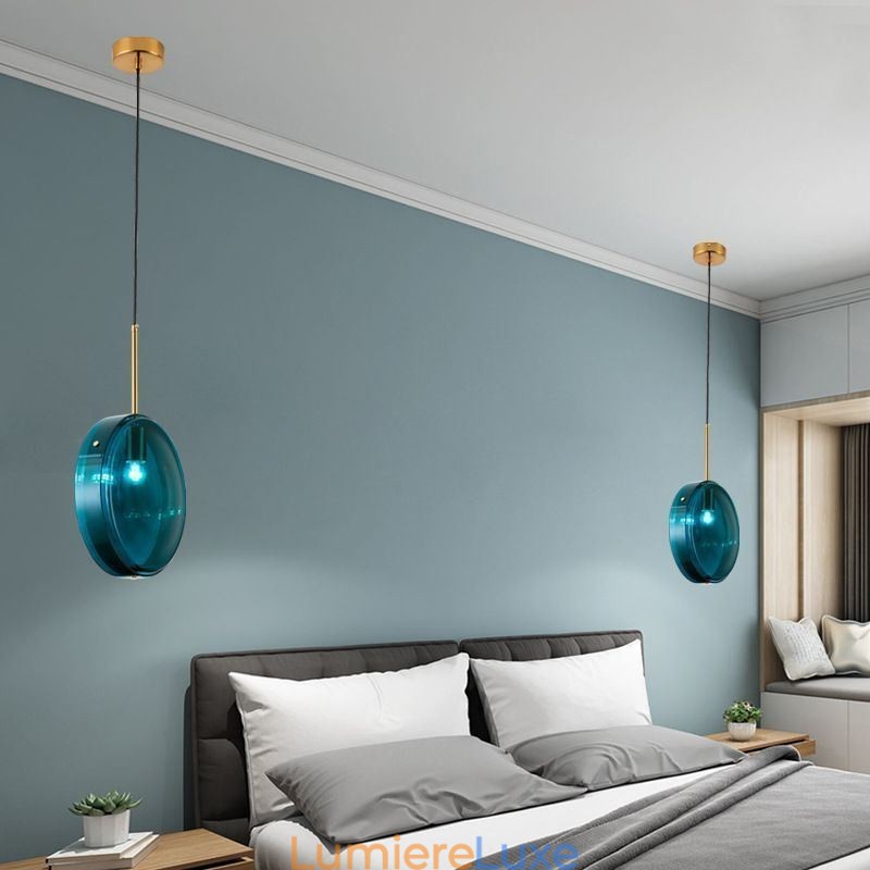 Suspension ronde en verre et fer forgé, design minimaliste et moderne
